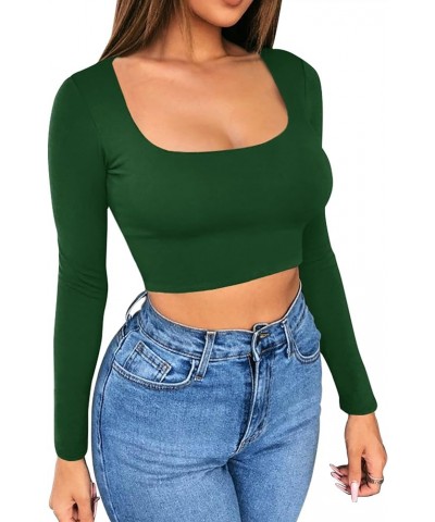 Womens Sexy Cropped Shirts Long Sleeve Square Scoop Neck Fitted Basic Crop Top Dark Green $11.00 T-Shirts