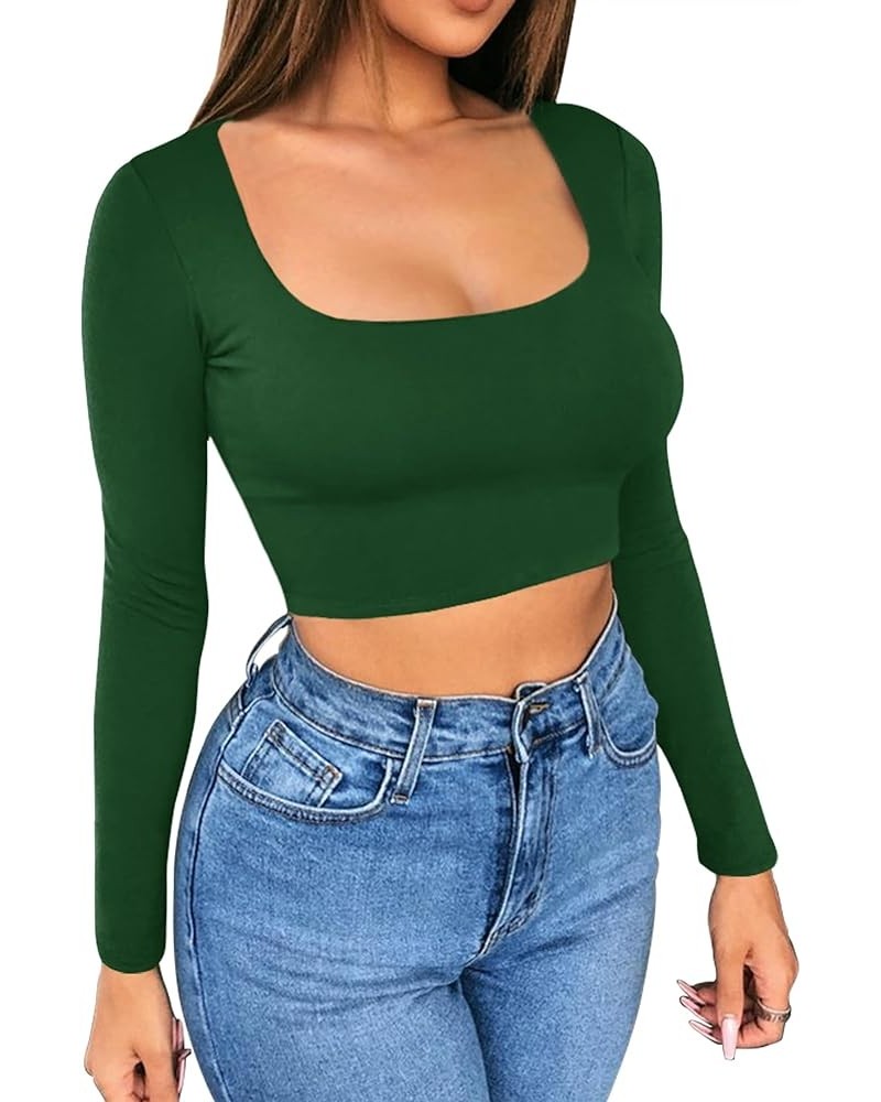 Womens Sexy Cropped Shirts Long Sleeve Square Scoop Neck Fitted Basic Crop Top Dark Green $11.00 T-Shirts