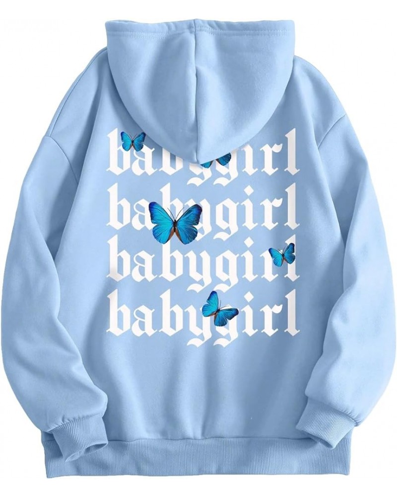 Women's Letter Graphic Drawstring Pullover Hoodie Causal Long Sleeve Hooded Sweatshirts Light Blue Letter & Butterfly $14.26 ...