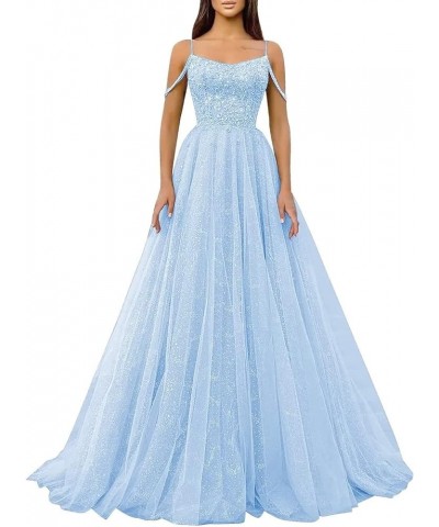 Sparkly Sequin Prom Dresses 2024 Tulle Ball Gown Spaghetti Strap Formal Evening Party Gownss Sky Blue $41.37 Dresses