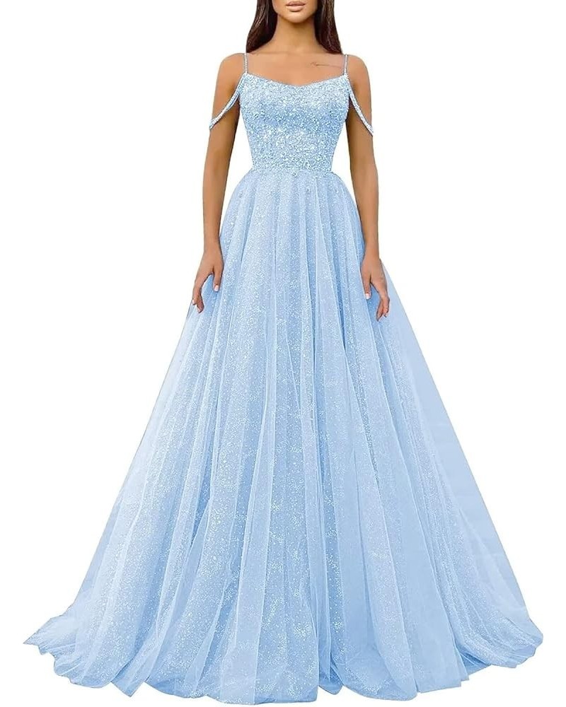 Sparkly Sequin Prom Dresses 2024 Tulle Ball Gown Spaghetti Strap Formal Evening Party Gownss Sky Blue $41.37 Dresses