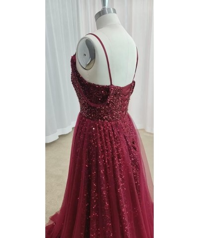 Sparkly Sequin Prom Dresses 2024 Tulle Ball Gown Spaghetti Strap Formal Evening Party Gownss Sky Blue $41.37 Dresses