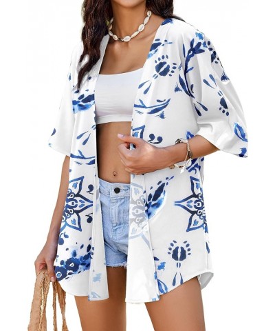 Kimono for Women Tropical Beach Cover Up Casual Open Front Capes Swimwear Cardigan S-XXL B Flower Blue $10.79 Swimsuits