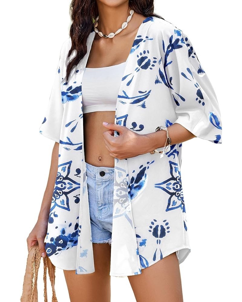 Kimono for Women Tropical Beach Cover Up Casual Open Front Capes Swimwear Cardigan S-XXL B Flower Blue $10.79 Swimsuits