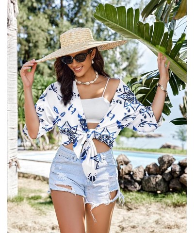 Kimono for Women Tropical Beach Cover Up Casual Open Front Capes Swimwear Cardigan S-XXL B Flower Blue $10.79 Swimsuits