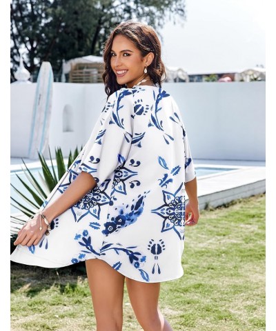 Kimono for Women Tropical Beach Cover Up Casual Open Front Capes Swimwear Cardigan S-XXL B Flower Blue $10.79 Swimsuits