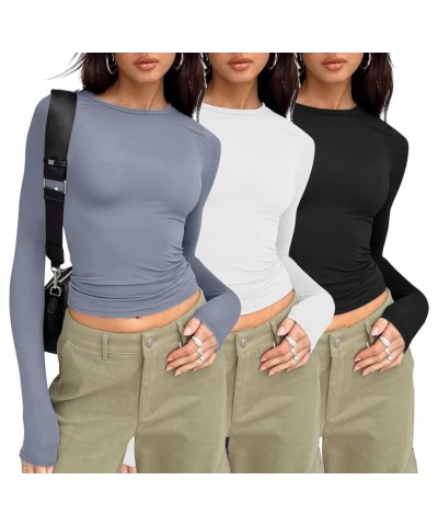 Womens Short/Long Sleeve Ribbed Crop Tops Basic Slim Fitted Shirts Casual Spring Fashion Y2k Tight Tops 04-white/Gray/Black $...