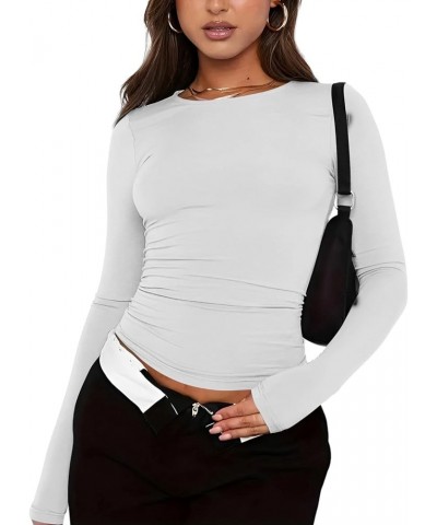 Womens Short/Long Sleeve Ribbed Crop Tops Basic Slim Fitted Shirts Casual Spring Fashion Y2k Tight Tops 04-white/Gray/Black $...