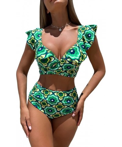 Women's 2 Piece Floral Print High Cut Ruffle Trim Bikini Swimsuit Green $16.50 Swimsuits