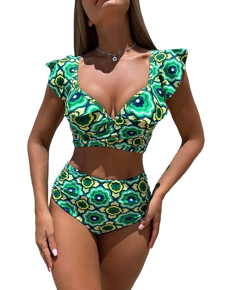 Women's 2 Piece Floral Print High Cut Ruffle Trim Bikini Swimsuit Green $16.50 Swimsuits