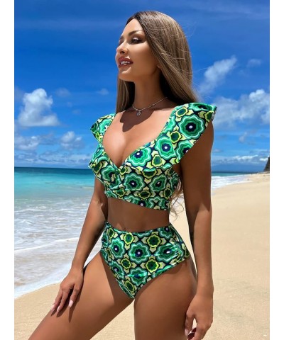 Women's 2 Piece Floral Print High Cut Ruffle Trim Bikini Swimsuit Green $16.50 Swimsuits