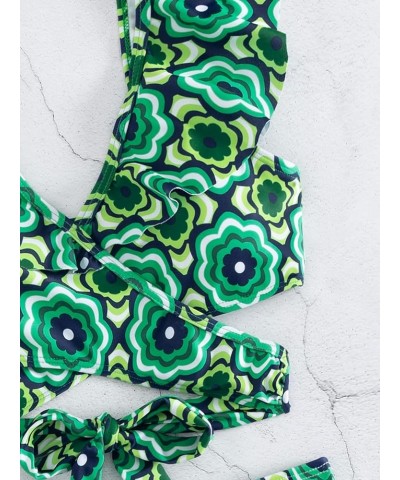 Women's 2 Piece Floral Print High Cut Ruffle Trim Bikini Swimsuit Green $16.50 Swimsuits