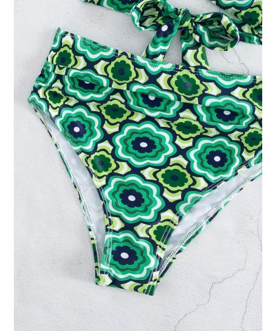 Women's 2 Piece Floral Print High Cut Ruffle Trim Bikini Swimsuit Green $16.50 Swimsuits