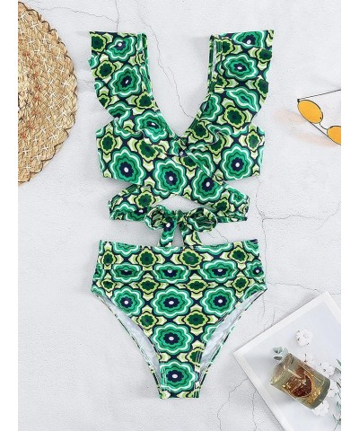 Women's 2 Piece Floral Print High Cut Ruffle Trim Bikini Swimsuit Green $16.50 Swimsuits