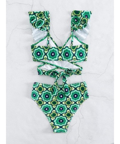 Women's 2 Piece Floral Print High Cut Ruffle Trim Bikini Swimsuit Green $16.50 Swimsuits