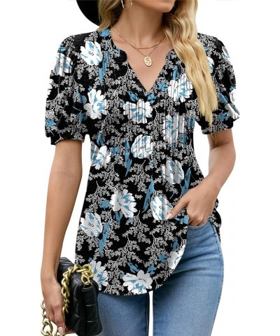 Shirts for Women Puff Short Sleeve Pleated T-Shirts Tops Fashion Casual V Neck Smocked Tunic Blouse Black+white Floral-02 $15...