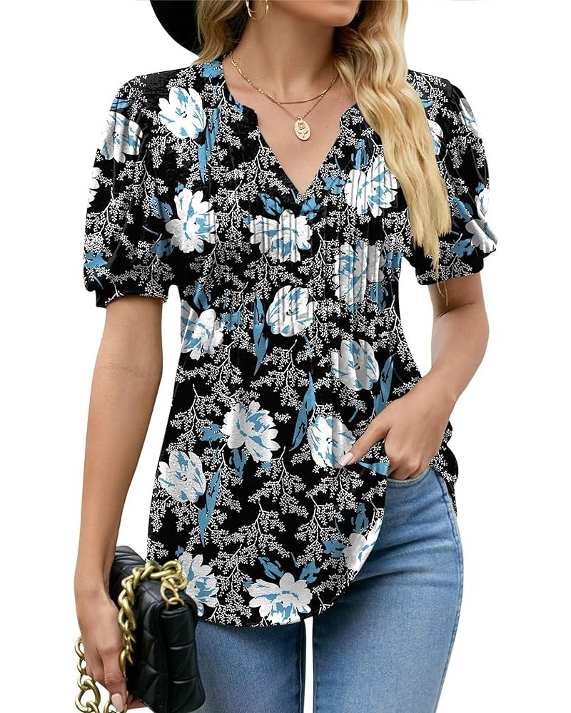 Shirts for Women Puff Short Sleeve Pleated T-Shirts Tops Fashion Casual V Neck Smocked Tunic Blouse Black+white Floral-02 $15...