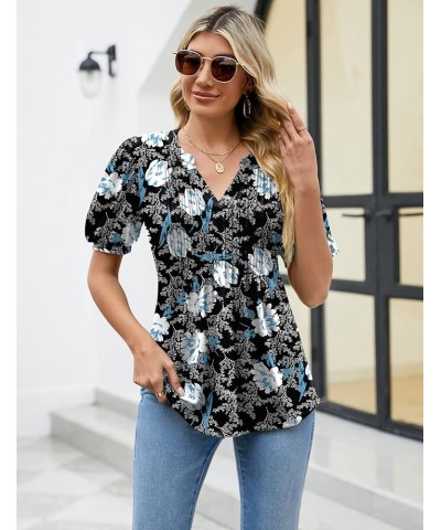 Shirts for Women Puff Short Sleeve Pleated T-Shirts Tops Fashion Casual V Neck Smocked Tunic Blouse Black+white Floral-02 $15...