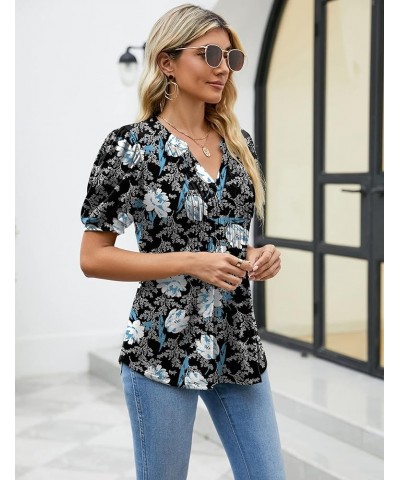 Shirts for Women Puff Short Sleeve Pleated T-Shirts Tops Fashion Casual V Neck Smocked Tunic Blouse Black+white Floral-02 $15...