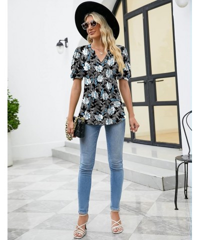 Shirts for Women Puff Short Sleeve Pleated T-Shirts Tops Fashion Casual V Neck Smocked Tunic Blouse Black+white Floral-02 $15...