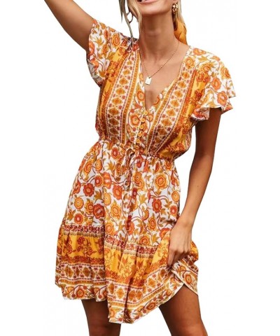 Women's Summer Cotton Short Sleeves V-Neck Button Up Floral Print Boho Swing Mini Dress Whiteyellow $15.83 Dresses