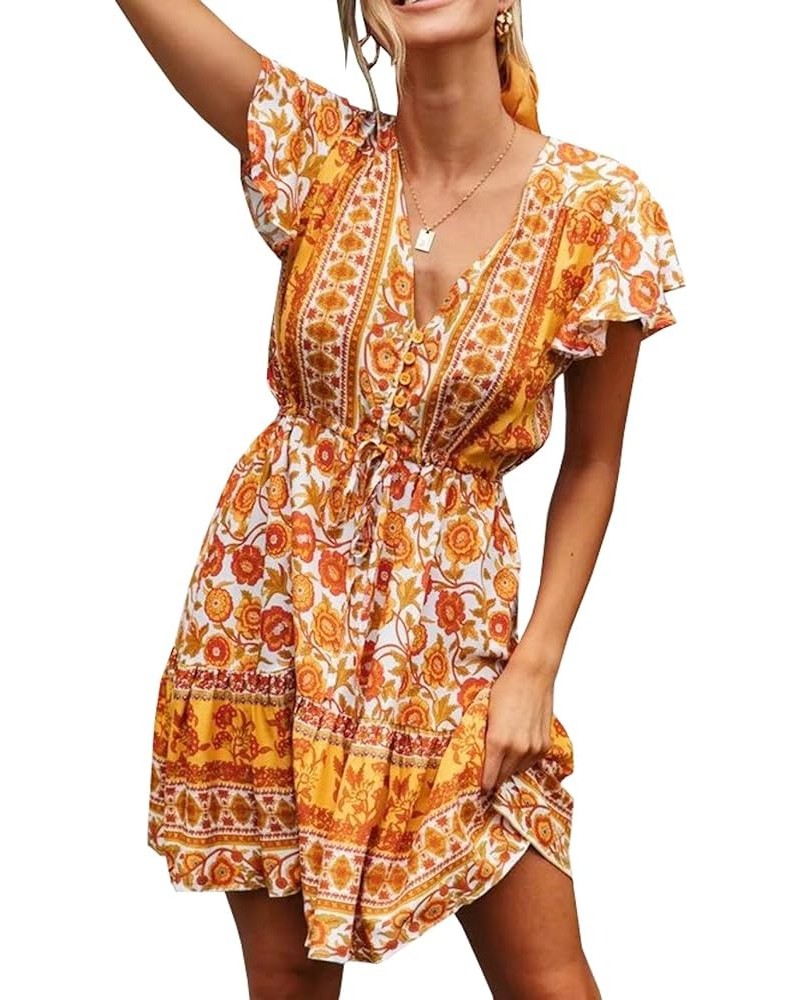 Women's Summer Cotton Short Sleeves V-Neck Button Up Floral Print Boho Swing Mini Dress Whiteyellow $15.83 Dresses