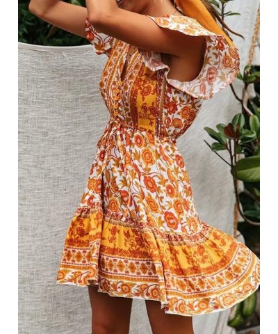 Women's Summer Cotton Short Sleeves V-Neck Button Up Floral Print Boho Swing Mini Dress Whiteyellow $15.83 Dresses