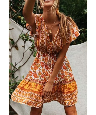 Women's Summer Cotton Short Sleeves V-Neck Button Up Floral Print Boho Swing Mini Dress Whiteyellow $15.83 Dresses