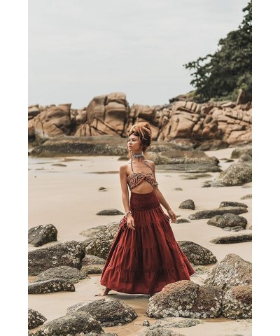 Maxi Boho Skirt Long Pockets Cotton Hippie Bohemian Elastic Waist Gypsy Skirt Rust $22.91 Skirts