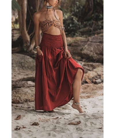 Maxi Boho Skirt Long Pockets Cotton Hippie Bohemian Elastic Waist Gypsy Skirt Rust $22.91 Skirts