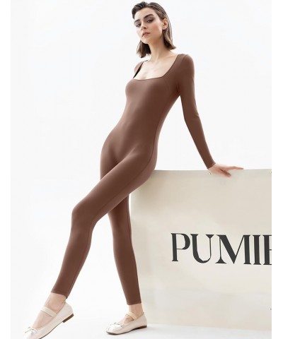 Jumpsuits for Women Square Neck Long Sleeve Bodycon Unitard One Piece Outfits Chill Collection Tiramisu $17.15 Jumpsuits