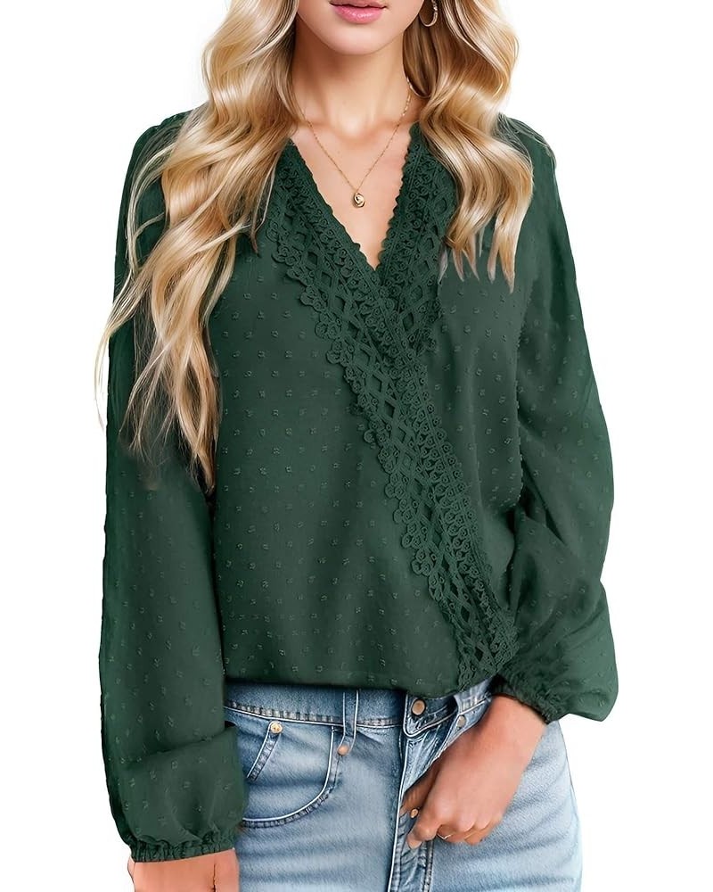 Women's Long Sleeve V Neck Blouses Casual Dressy Shirt Tops Dark Green $13.24 Blouses