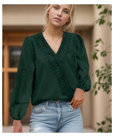 Women's Long Sleeve V Neck Blouses Casual Dressy Shirt Tops Dark Green $13.24 Blouses