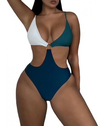 Women's Color Block Cut Out Halter One Piece Swimsuit Ring Linked Monokini Bathing Suit B Multicolor $16.42 Swimsuits