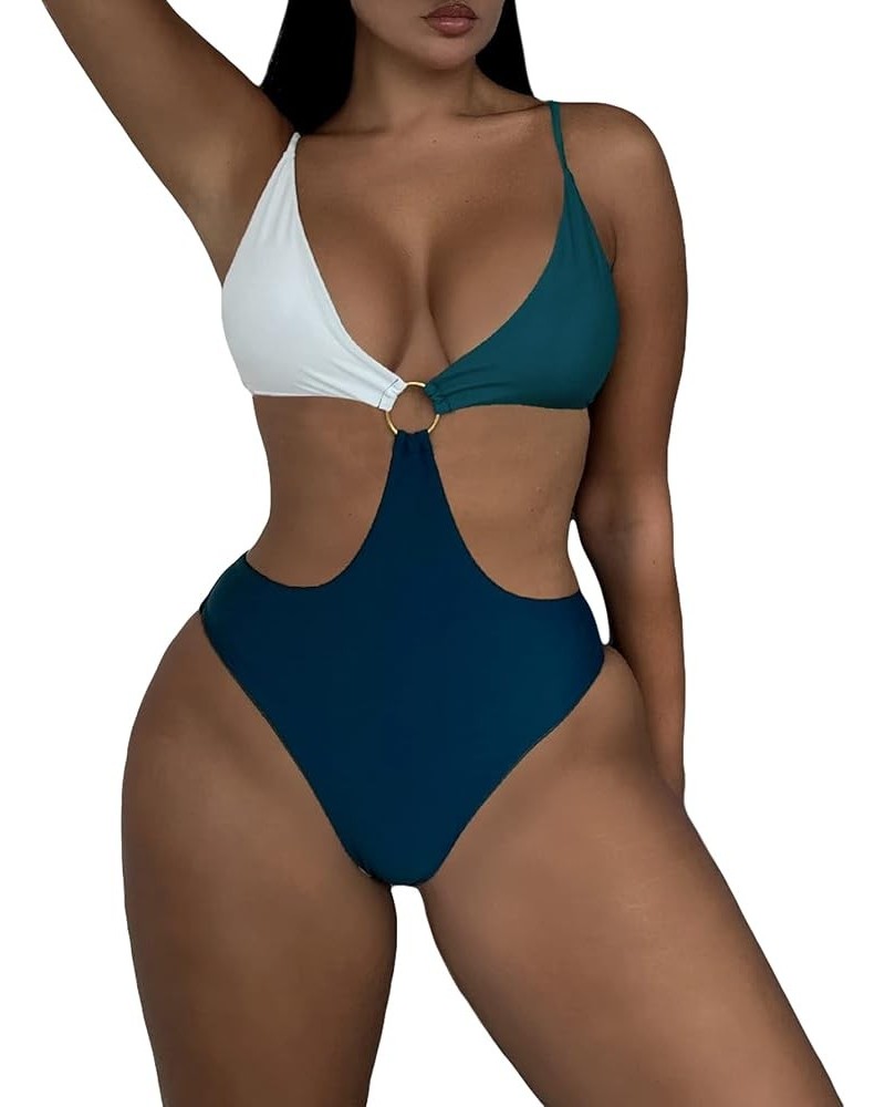 Women's Color Block Cut Out Halter One Piece Swimsuit Ring Linked Monokini Bathing Suit B Multicolor $16.42 Swimsuits