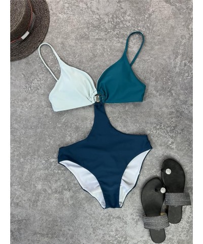 Women's Color Block Cut Out Halter One Piece Swimsuit Ring Linked Monokini Bathing Suit B Multicolor $16.42 Swimsuits