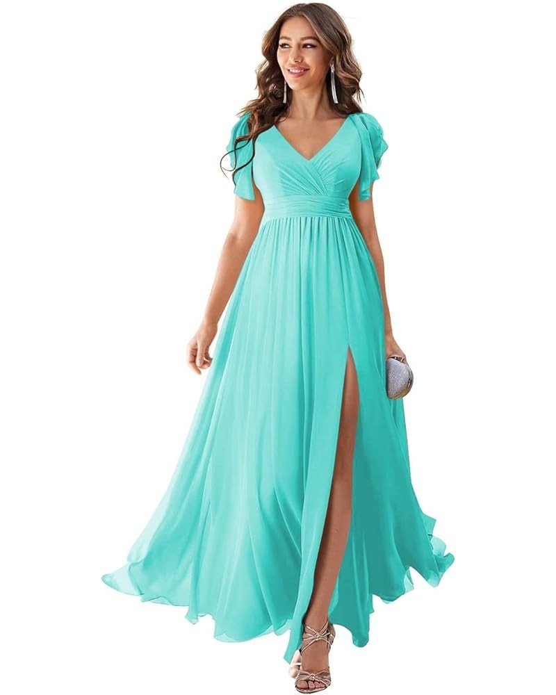 Women's Formal Dresses Long Ruffle Sleeve Chiffon V Neck Split Bridesmaid Dresses for Wedding Evening Flowy Gown Ttfnyn Blue ...