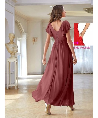 Women's Formal Dresses Long Ruffle Sleeve Chiffon V Neck Split Bridesmaid Dresses for Wedding Evening Flowy Gown Ttfnyn Blue ...