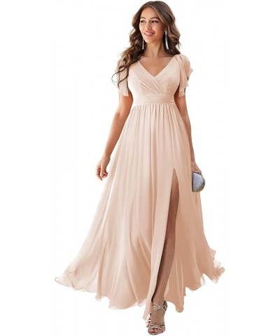 Women's Formal Dresses Long Ruffle Sleeve Chiffon V Neck Split Bridesmaid Dresses for Wedding Evening Flowy Gown Ttfnyn Blue ...