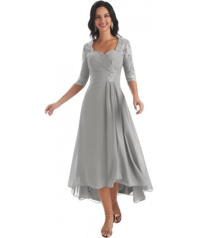 Chiffon Lace Mother of The Bride Dresses for Wedding Tea Length High Low Evening Gown with Sleeves Silver $43.70 Dresses