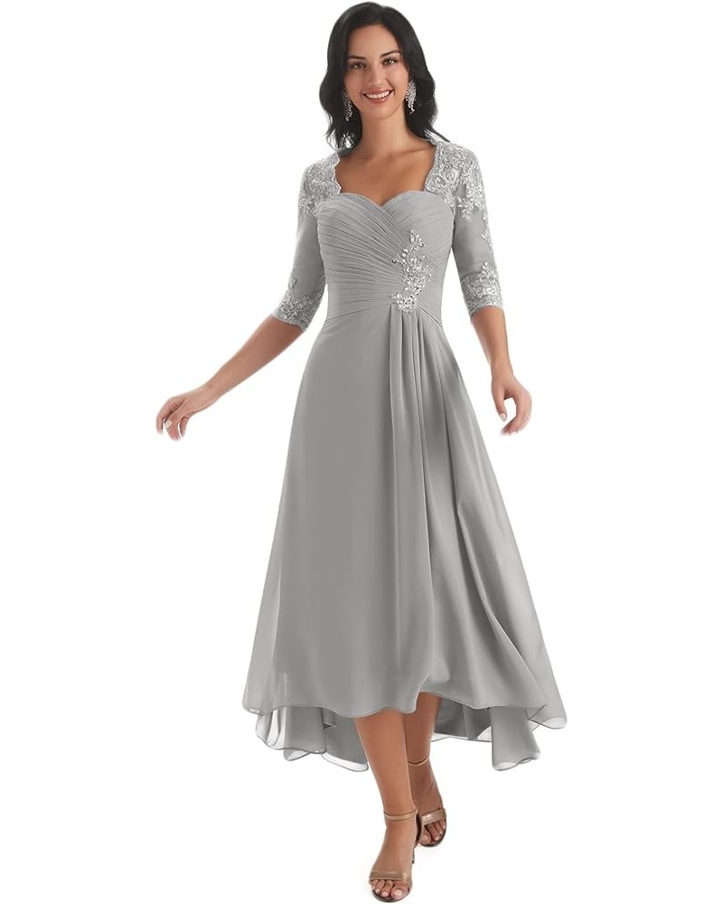 Chiffon Lace Mother of The Bride Dresses for Wedding Tea Length High Low Evening Gown with Sleeves Silver $43.70 Dresses