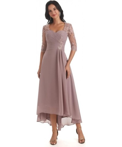 Chiffon Lace Mother of The Bride Dresses for Wedding Tea Length High Low Evening Gown with Sleeves Silver $43.70 Dresses