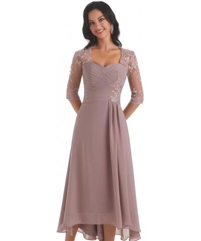 Chiffon Lace Mother of The Bride Dresses for Wedding Tea Length High Low Evening Gown with Sleeves Silver $43.70 Dresses