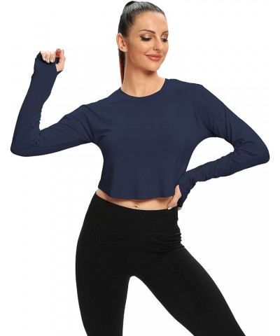 Womens Long Sleeve Crop Tops Workout Gym Shirts with Thumb Hole Navy Blue $10.99 Activewear