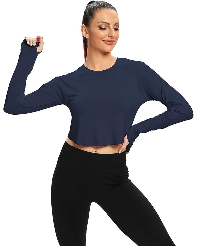 Womens Long Sleeve Crop Tops Workout Gym Shirts with Thumb Hole Navy Blue $10.99 Activewear