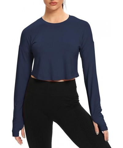 Womens Long Sleeve Crop Tops Workout Gym Shirts with Thumb Hole Navy Blue $10.99 Activewear