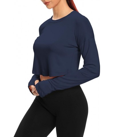 Womens Long Sleeve Crop Tops Workout Gym Shirts with Thumb Hole Navy Blue $10.99 Activewear