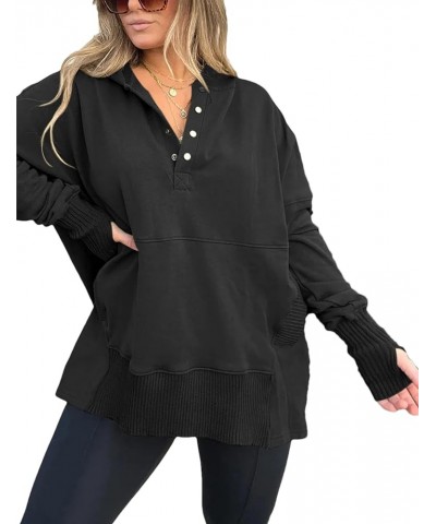 Women Casual Fashion Hoodie Long Sleeve Half Button Down Pullover Loose Sweatshirt Black $20.27 Hoodies & Sweatshirts