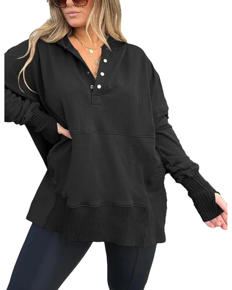 Women Casual Fashion Hoodie Long Sleeve Half Button Down Pullover Loose Sweatshirt Black $20.27 Hoodies & Sweatshirts