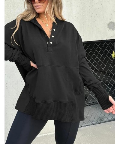 Women Casual Fashion Hoodie Long Sleeve Half Button Down Pullover Loose Sweatshirt Black $20.27 Hoodies & Sweatshirts